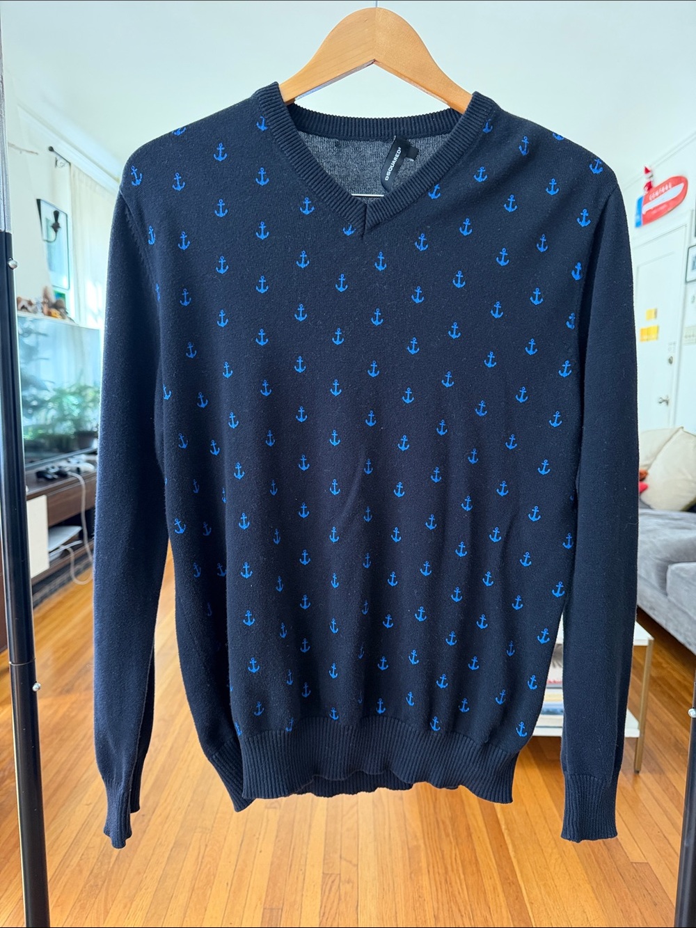 DSQUARED2 Black V-Neck Sweater with Blue Anchor Motif